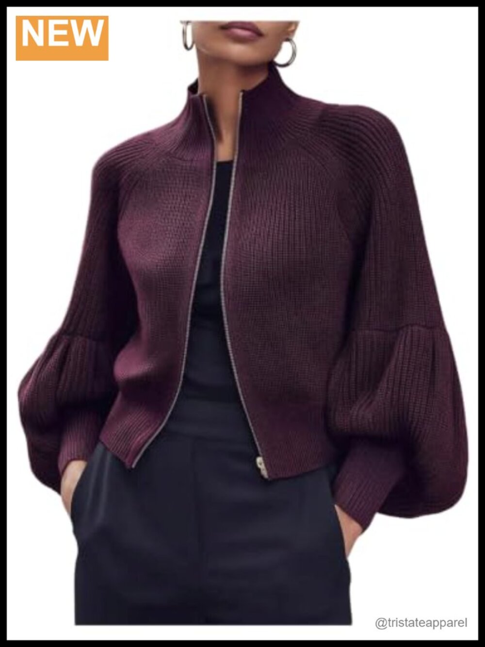 Women's Lantern Sleeve Mock Neck Zip Up Knit Cardigan Sweater